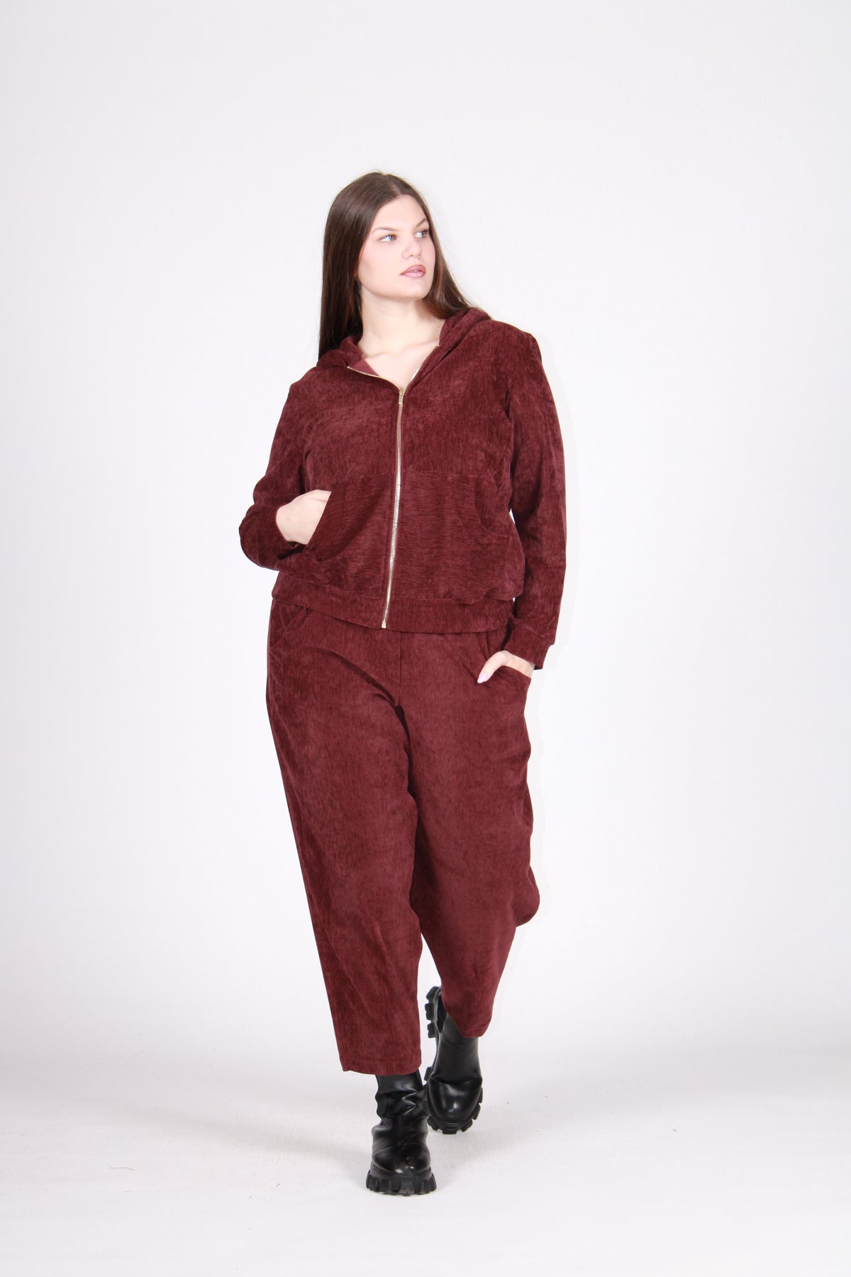 Giacca zip velluto martellato prugna