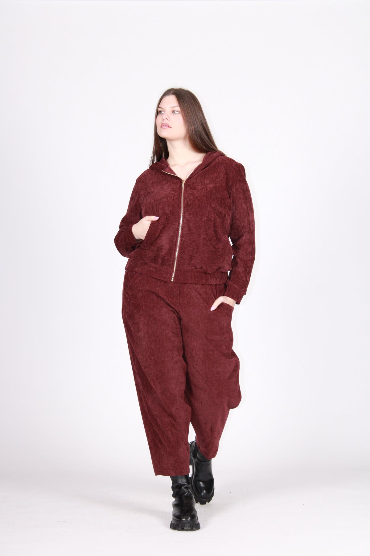Giacca zip velluto martellato prugna