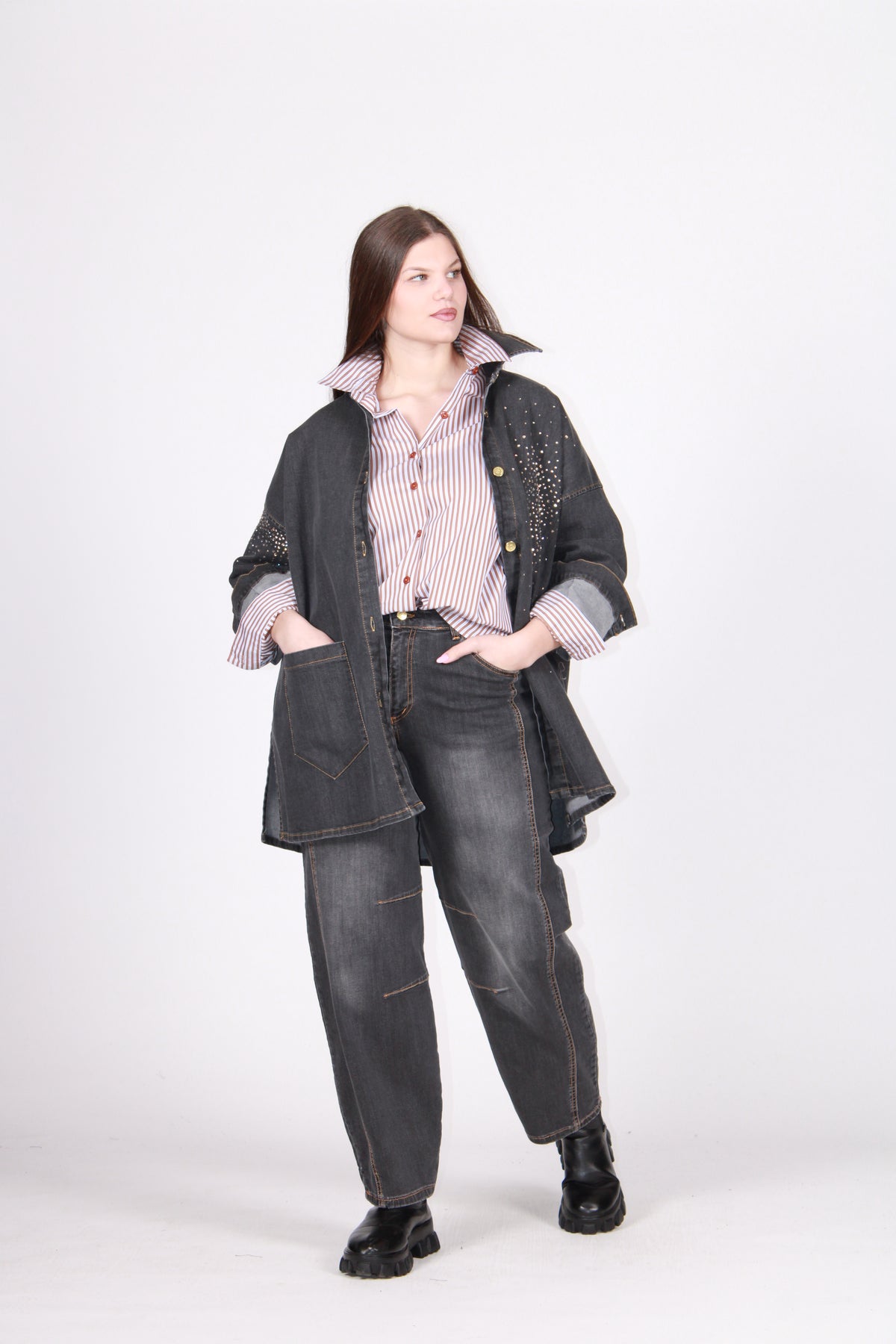 Camicia jeans strass sabbiato nero