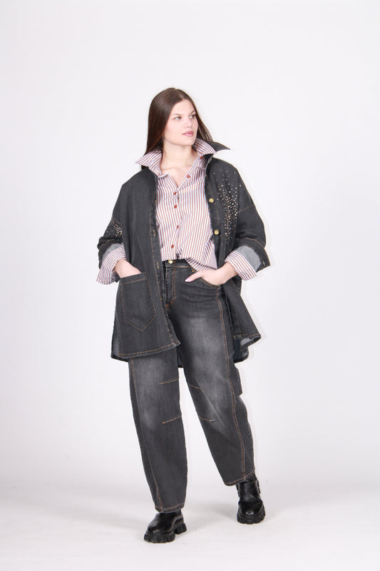 Camicia jeans strass sabbiato nero