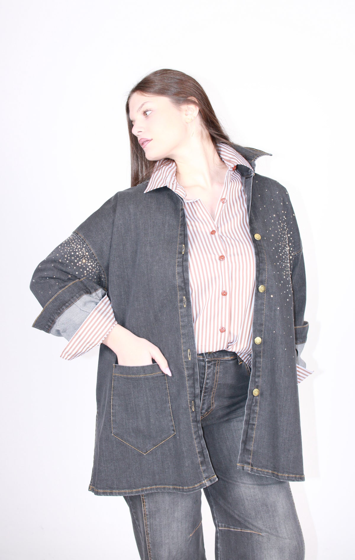 Camicia jeans strass sabbiato nero