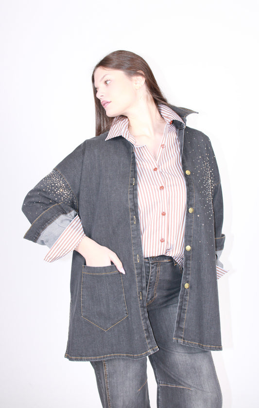 Camicia jeans strass sabbiato nero