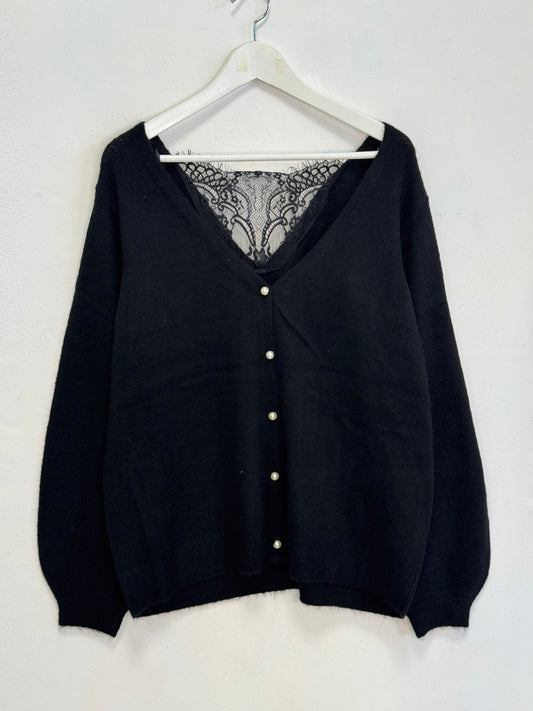 Cardigan con pizzo e perle
