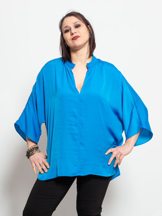 Korean V-neck blue blouse