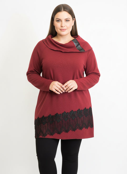 Maglia maxi collo e pizzo bordeaux