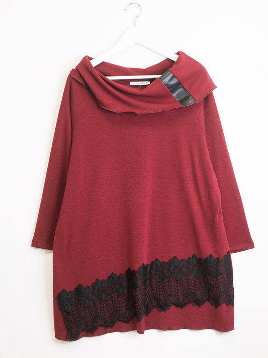 Maglia maxi collo e pizzo bordeaux