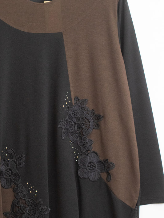 Maglia inserti pizzo e marrone