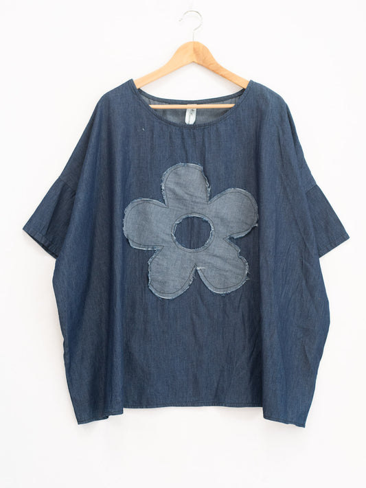 Blusa denim fiore ricamato