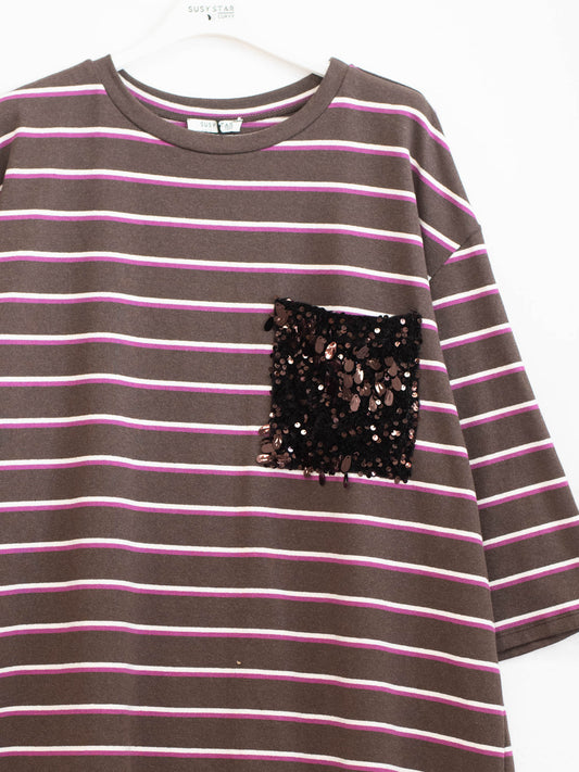 Maglia righe tasca paillettes