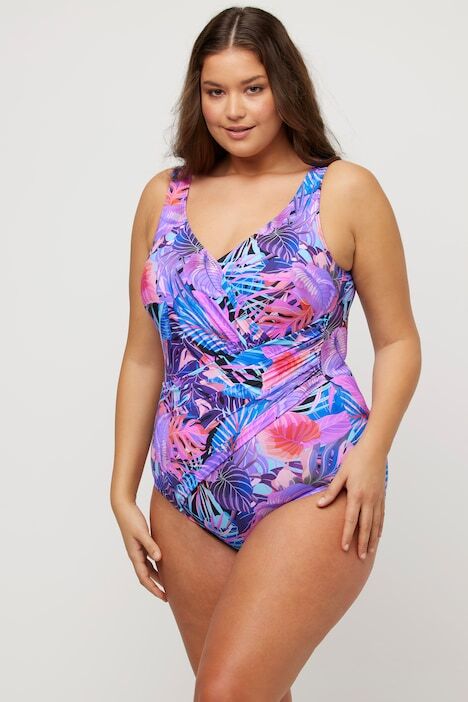 Swimsuit with crossover effect, leaves, soft cups and drape